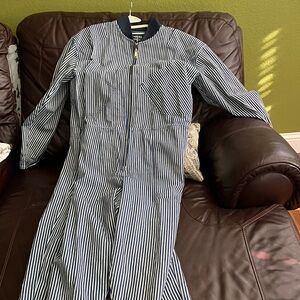 Striped Bomber-Style Jumpsuit - Navy & White